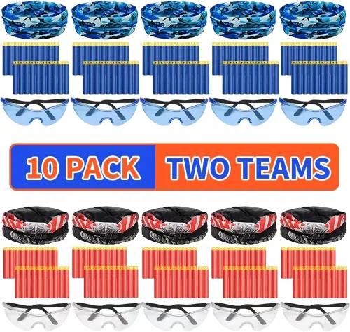 Vista 8 de Suministros de fiesta compatibles con Nerf - Paquete de 10 pistolas de cumpleaños para niños, decoración de guerra, máscaras faciales y gafas, 200