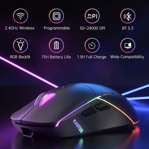 Vista 2 de FFJ Ratón Inalámbrico para Juegos, 24000 DPI, Ratón para Juegos Tri-Modo 2.4G/USB-C/Bluetooth 5.3, Ratón RGB Programable para Juego, Duración