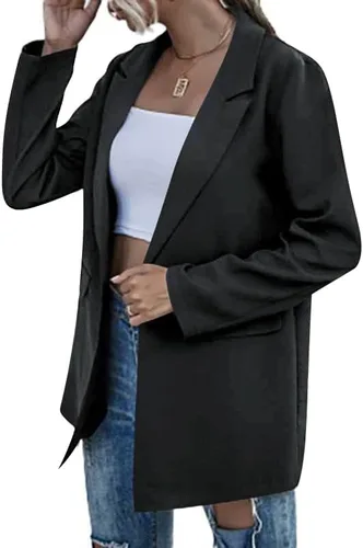 Vista 2 de Zeagoo Blazers casuales de gran tamaño para mujer, chaquetas de oficina con frente abierto, chaquetas de oficina con solapa y botones, traje largo