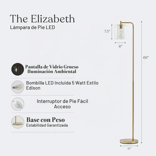 Vista 5 de [Renovado] Brightech Elizabeth - Lámpara de pie LED para dormitorio y sala de estar, lámpara alta con pantalla de vidrio y bombilla Edison, lámpara