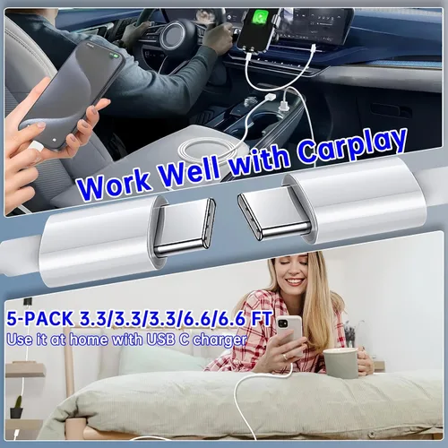 Vista 6 de Cable USB C a USB C de 60 W, paquete de 5 unidades a granel [5 x 3.3 pies] de carga rápida, cable tipo C compatible con teléfono 15/16 Pro/Max