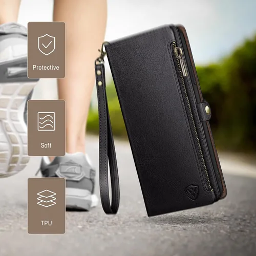 Vista 6 de XcaseBar Funda tipo cartera compatible con iPhone 14 Pro Max de 6.7 pulgadas con cremallera y tarjetero de crédito, bloqueo RFID, funda de piel