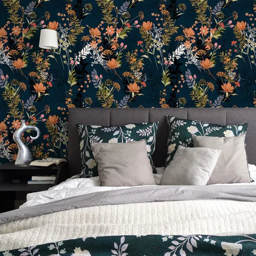 Vista 4 de VEELIKE Papel tapiz floral de prado azul medianoche para despegar y pegar, papel tapiz floral de flores silvestres, 17.7 x 118 pulgadas, papel