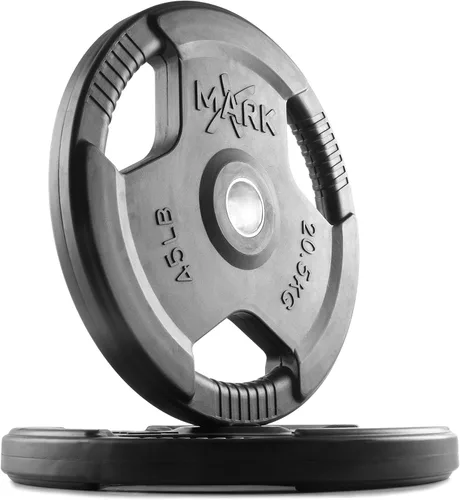 Vista 9 de XMARK TRI-GRIP - Par o juego de discos de peso olímpicos, pesas de ejercicio con revestimiento de goma para barra olímpica, juego de pesas de 01)