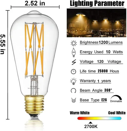 Vista 2 de Leools Bombilla de filamento LED estilo Edison de 10 W, bombillas equivalentes a 100 W, regulables, blanco cálido 2700 K, 1200 lm, ST64, E26