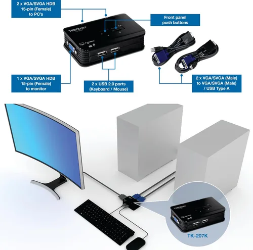 Vista 2 de Trendnet Kit de switch KVM y cable, Azul Control Two Computers with One Set of Console Controls,2048 x 1536 Resolution,60Hz Refresh Rate,All