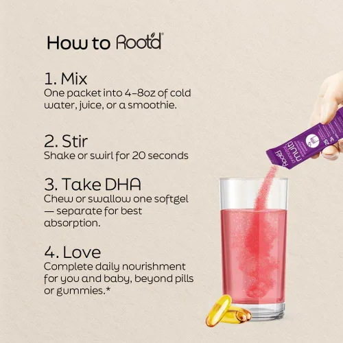 Vista 2 de Root'd DHA prenatal + polvo multivitamínico para apoyo al embarazo, desarrollo fetal, hidratación y refuerzo inmunológico, vegano, sin OMG, sin