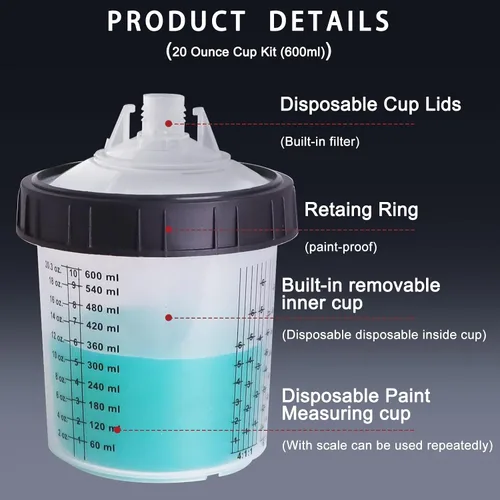 Vista 4 de Kit de Tazas Mezcladoras de Pintura Desechables, Kit de Tazas Mezcladoras para Pistola Pulverizadora de Pintura HVLP de 20 Onzas (600ml) con Sistema