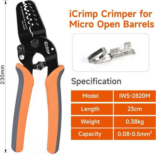 Vista 2 de Herramientas de crimpado iCrimp Mini Micro de barril abierto funcionan en AWG28-20 JAM, Molex, Tyco, terminales y conectores JST utilizados