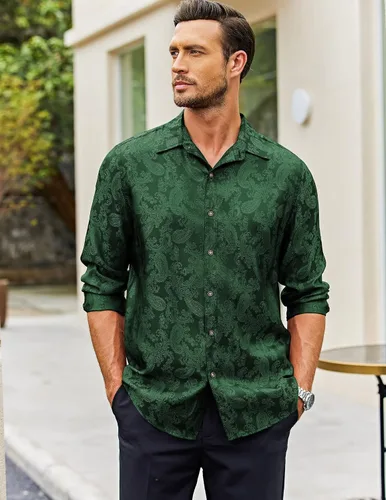 Vista 4 de COOFANDY Camisa de vestir con estampado floral para hombre, camisas de manga larga con botones de cachemira para boda, fiesta, baile de graduación