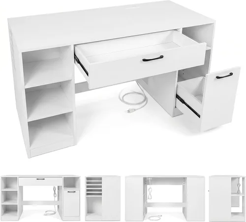 Vista 9 de COSTWAY Sewing Machine Table with Power Outlets, Massive Storage (White)