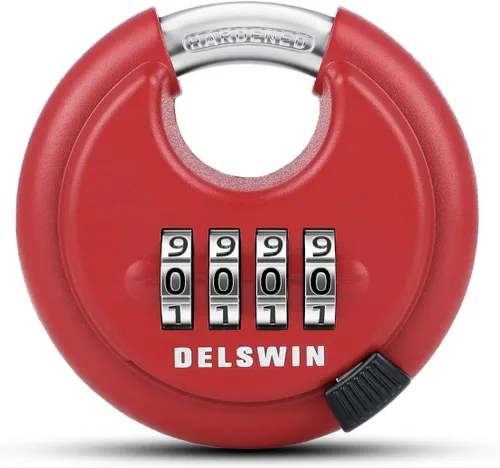 Vista 17 de DELSWIN - Candado de combinación de 4 dígitos con grillete de acero endurecido, candado de combinación para cobertizos, casillero de gimnasio, área