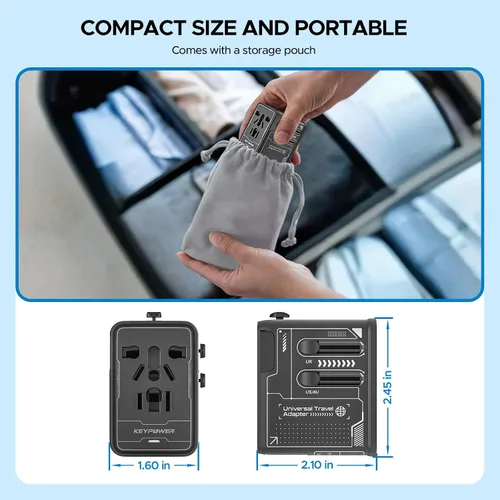 Vista 8 de Adaptador de viaje universal de 30 W GaN, KEY POWER Adaptador de corriente internacional todo en uno con 2 USB-C y 1 USB-A, convertidor de enchufe