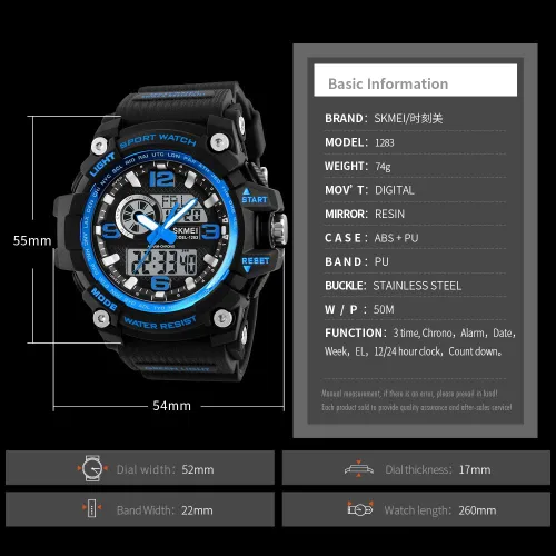 Vista 6 de SKMEI Men's Digital Sports Watch, 50M Waterproof Military Watches LED Screen Large Face Stopwatch Alarm Wristwatch