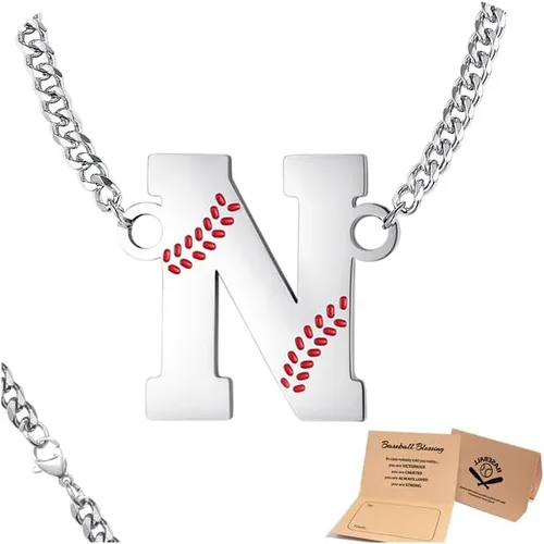 Vista 31 de QINJIEJIE Collar de béisbol inicial A-Z con letras, accesorios deportivos, colgante de encanto de béisbol, joyería de cadena de acero inoxidable 2-P