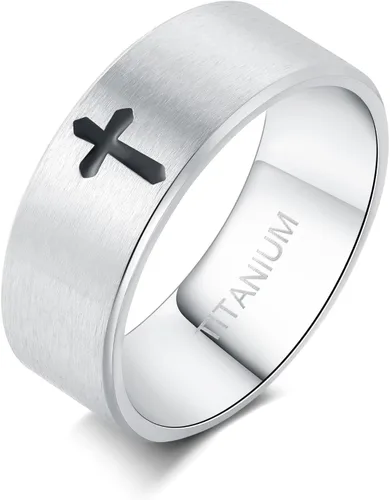 Vista 10 de Anillos de cruz para hombre, anillos de titanio puro de alta calidad para hombres, señor Jesús cristiano, 0.315 in, negro, plata, anillo de boda