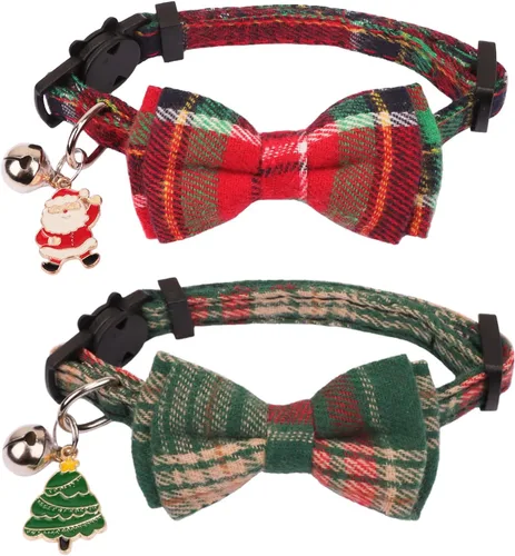 Vista 9 de PTDECOR Paquete de 2 Collares Navideños para Gatos, Collar de Gato Navideño con Corbatín y Campanilla Desmontables, Collares Navideños de Liberación
