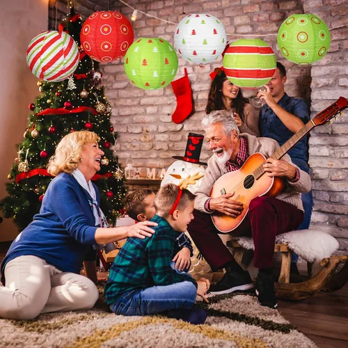 Vista 7 de Bencailor Juego de 12 linternas de papel colgantes de Navidad, linternas decorativas para fiesta de Navidad, lámparas colgantes redondas