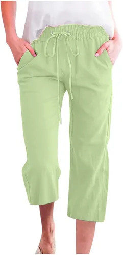Vista 33 de Ceboyel Pantalones capri para mujer para verano, cintura elástica, pantalones de yoga, con cordón, pantalones de lino, pantalones de entrenamiento