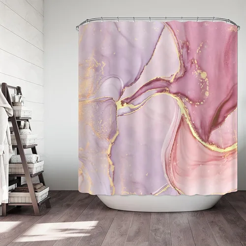 Vista 3 de Juego de 4 cortinas de ducha de mármol de lujo, juegos de baño con cortina de ducha, alfombra de tapa de inodoro, tapete de contorno y tapete