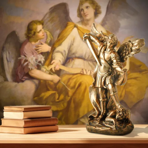 Vista 6 de Estatua de San Miguel Arcangel - Figura de ángel de San Miguel, estatua de resina con acabado de bronce antiguo, ideal para coleccionistas