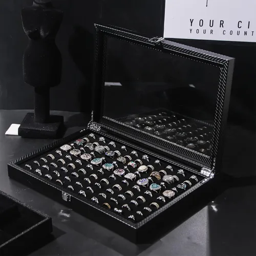 Vista 3 de Pengup Organizador de joyas con tapa de vidrio (fibra de carbono negra, anillos)