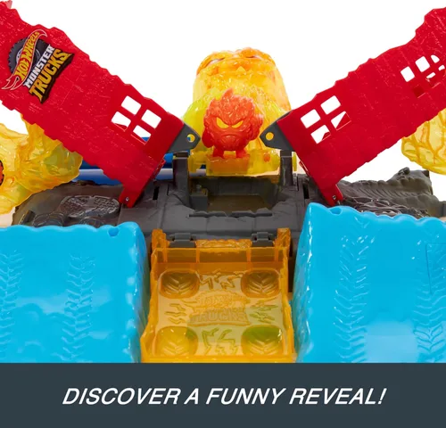 Vista 5 de Hot Wheels Monster Trucks - Juego de juguete de camiones de bomberos, escala 1:64, 5 alarmas, batallas con el monstruo de fuego para una revelación