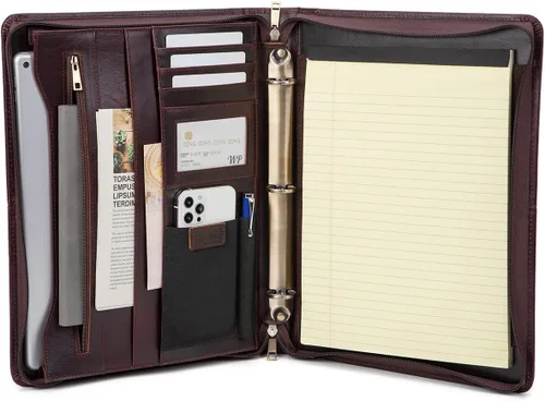 Vista 13 de Portafolio de cuero con carpeta de 3 anillas, padfolio de cuero vegano con cremallera, portafolio organizador profesional de negocios para regalo