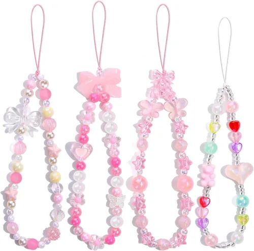 Vista 11 de 4 piezas de lindos encantos para teléfono con estilo Y2K, correa de muñeca para celular con cuentas brillantes, oso, cruz, corazón, accesorios