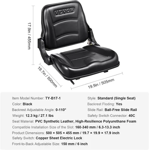 Vista 7 de VEVOR Asiento universal de carretilla elevadora, asiento de tractor plegable con respaldo de ángulo ajustable y micro interruptor, 6.3-13.4