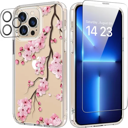 Vista 42 de bicol Funda para iPhone 14 Plus con Protector de Pantalla y Lente de Cámara - Diseños Florales de Moda para Mujeres y Niñas - Funda Transparente