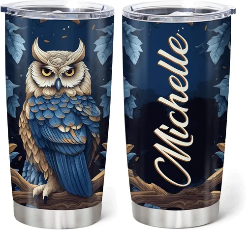 Vista 8 de Hyturtle Vaso personalizado para amantes de los búhos, vaso de café de acero inoxidable con nombre personalizado, 20 onzas con tapa, ideal como