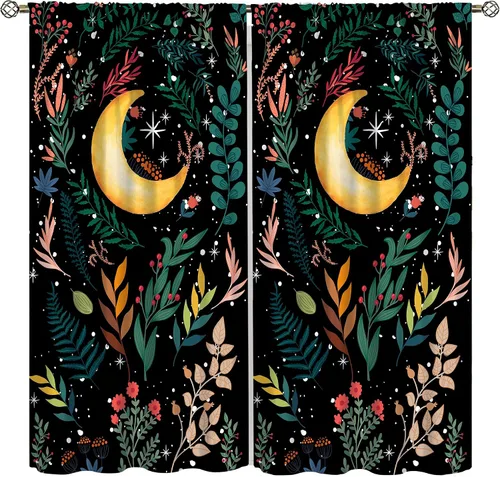 Vista 14 de Cortinas de Ventana Bohemias con Plantas Florales para Dormitorio de Niño y Niña, Cortinas de Ventana Góticas de Jardín Iluminado por la Luna