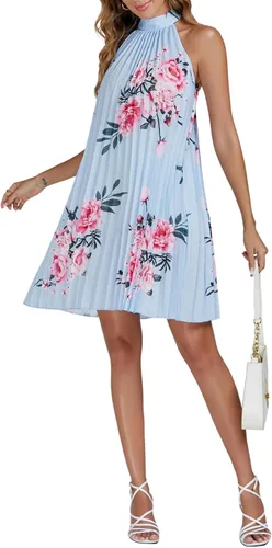 Vista 5 de Vrtige Vestido corto de mujer con cuello halter floral, plisado, sin mangas, dobladillo fluido, acampanado, para mujer