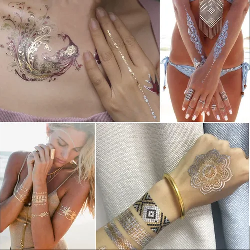 Vista 7 de 6 hojas de tatuajes temporales de henna dorada para mujeres y niñas, calcomanías de tatuaje falso de encaje, misterio sexy, mandala, flor, diseño