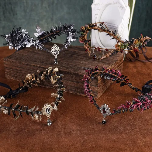 Vista 5 de MOSTORY Handmade Fairy Flower Headpiece Woodland Elf Crown Black Leaf Circlet Dark Forest Wreath for Women Girls Renaissance Halloween Cosplay