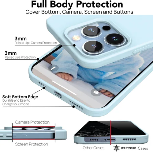 Vista 7 de IceSword Funda compatible con iPhone 14 Pro Max, color azul bebé, funda de silicona líquida, delgada, suave, antiarañazos, bonita luz azul pastel