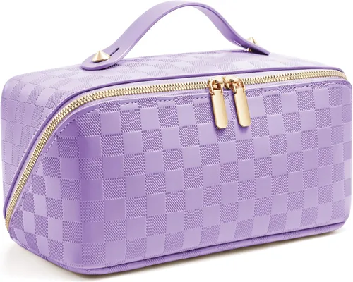 Vista 11 de Bolsa de cosméticos de viaje de gran capacidad - Bolsas de maquillaje portátiles para mujeres, impermeable, de cuero PU a cuadros, con organizador