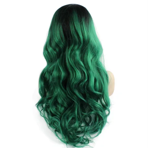 Vista 4 de Mxangel Peluca larga ondulada con encaje frontal sintético negro verde degradado para fiesta de cosplay