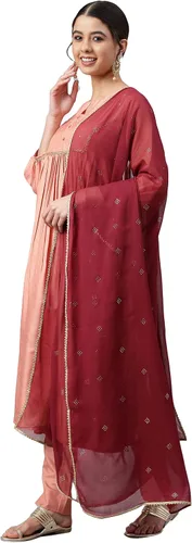 Vista 3 de Janasya Indian Peach Poly Silk Kurta sólido con pantalón y Dupatta para mujer