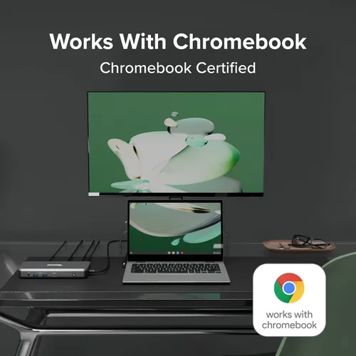 Vista 7 de Plugable Estación de acoplamiento dual 4K USB-C 12 en 1, funciona con certificado Chromebook, carga de 60 W para aulas y negocios, ChromeOS/Windows