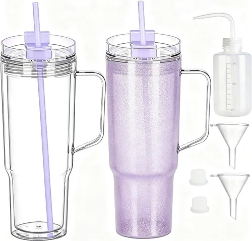 Vista 9 de Vasos de plástico de 40 onzas con asa, tapa de rosca con popote incluido, botella de agua reutilizable de doble pared a prueba de fugas, taza