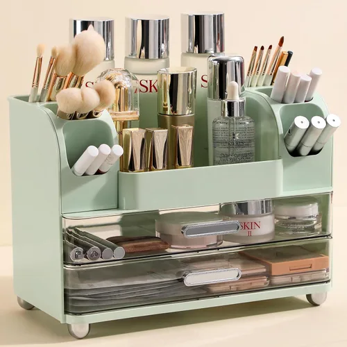 Vista 8 de Organizador de maquillaje Anyoifax para encimera con cajones grandes, organizador de tocador con soporte para brochas, almacenamiento
