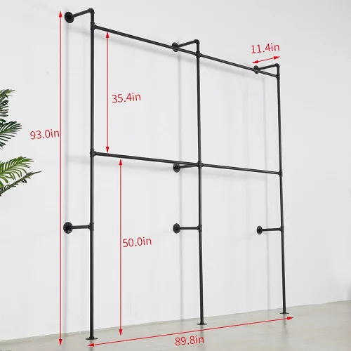 Vista 3 de Perchero industrial para ropa de tubería resistente, doble barra de armario, barras de ropa para colgar ropa, montaje en la pared, sistema