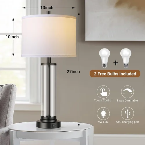 Vista 3 de QiMH Juego de 2 lámparas de mesa con control táctil con puertos USB, lámpara de noche regulable de 3 vías para sala de estar, dormitorio, casa