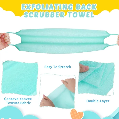 Vista 3 de Paquete de 3 unidades exfoliante de espalda con asas, paño exfoliante de nailon de longitud extendida, cepillo exfoliante corporal con correa