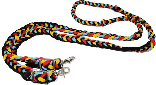 Vista 5 de CHALLENGER Pro Rider Hand Braided Multicolored Nylon Horse Barrel Reins w/Snaps 607152