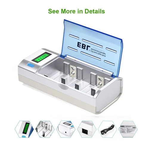 Vista 7 de EBL Cargador de batería inteligente para C D AA AAA 9V Ni-MH Ni-CD baterías recargables con función de descarga y pantalla LCD