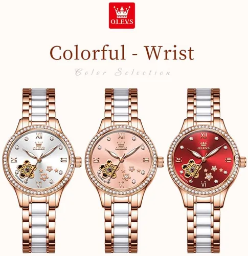Vista 5 de OLEVS Relojes para mujer, reloj automático de lujo, correa de cerámica, oro rosa, reloj de pulsera para mujer