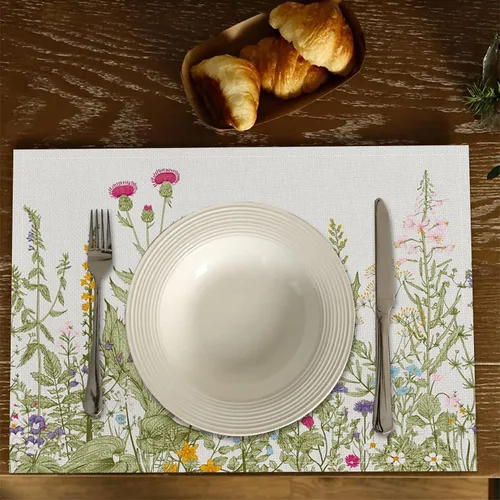 Vista 5 de Juego de 6 manteles individuales vintage con flores silvestres de 12 x 18 pulgadas, manteles individuales de tela de lino con plantas de jardín